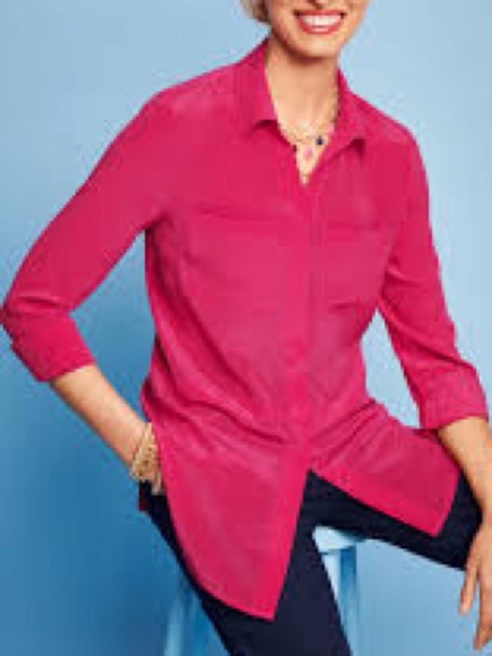Talbots fuchsia pink button-down shirt with a textured dotted pattern women’s XS